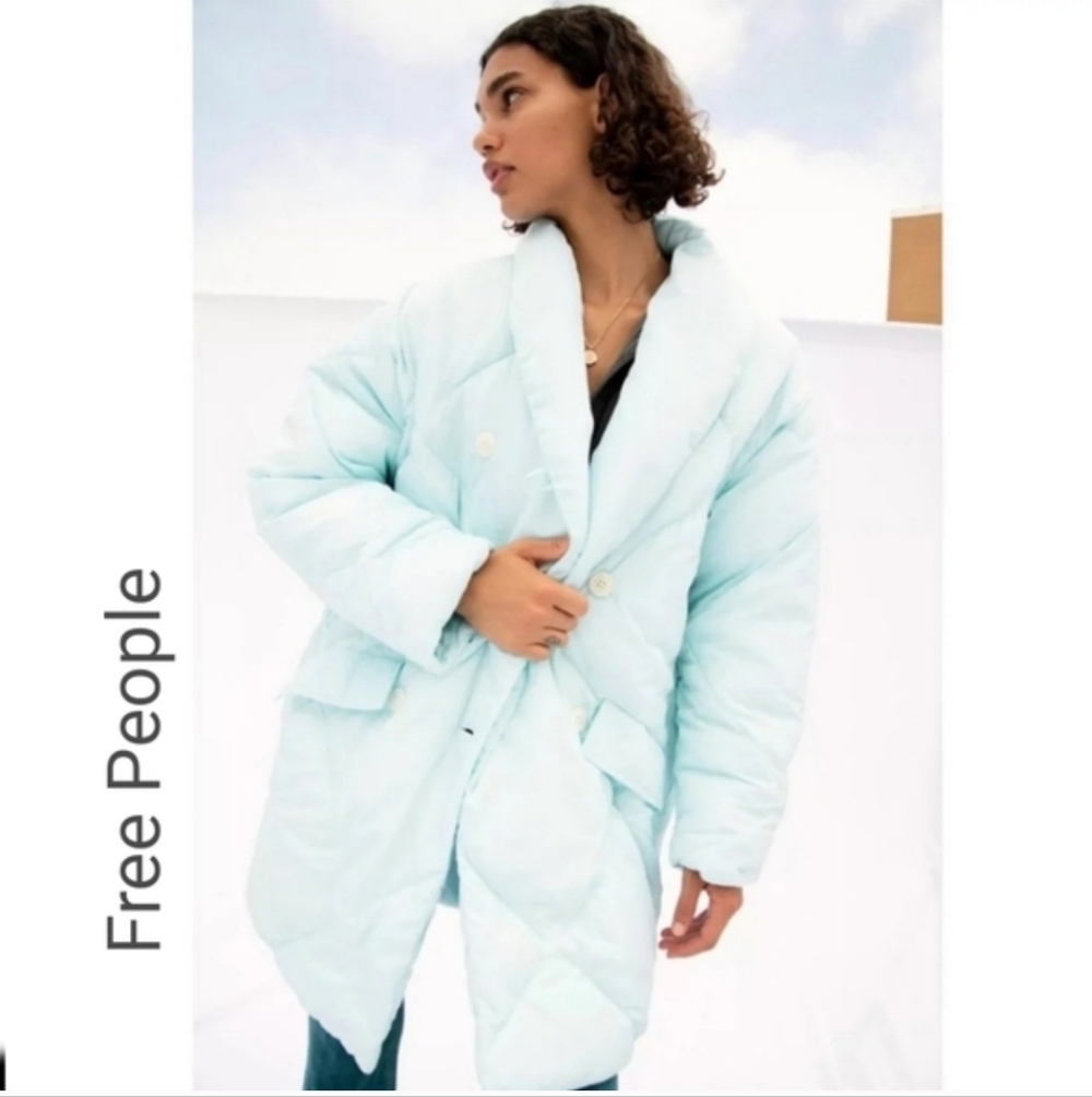 Free People Powder Blue Quilted Shawl Collar Puffer